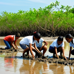 ** A group of young students planting mangrove saplings on a muddy shoreline. The image should convey a sense of hope and environmental stewardship. Focus on the vibrant green of the mangroves contrasting with the blue sky and water. Include diverse plant and animal life in the background (birds, crabs etc.) to show the biodiversity a mangrove ecosystem supports. This reinforces the educational aspect and the importance of conservation for future generations.

**