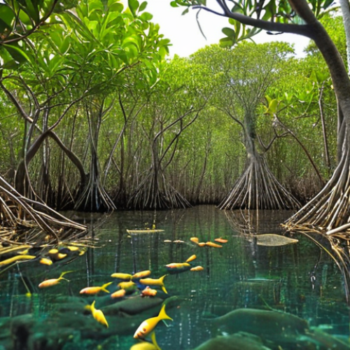 Home 14 **A thriving mangrove forest teeming with juvenile fish. Focus on the vibrant underwater ecosystem, showcasing the mangroves as a nursery for marine life.**