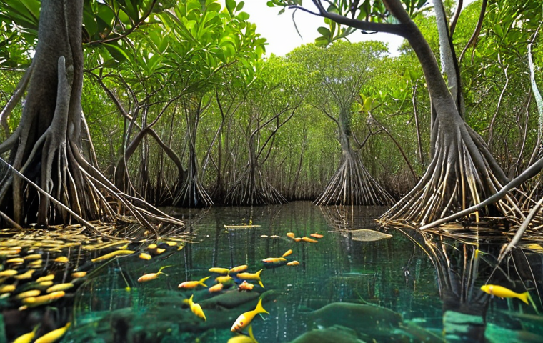 **A thriving mangrove forest teeming with juvenile fish. Focus on the vibrant underwater ecosystem, showcasing the mangroves as a nursery for marine life.**