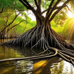 **Image Prompt 1: Magical Embrace and Vibrant Life**
    A serene and mystical mangrove forest scene at golden hour. Sunbeams filter through intricate, twisting roots reaching into calm, clear water, creating a labyrinth of light and shadow. The water teems with small, colorful fish, while crabs scuttle on the exposed roots and muddy banks. Diverse, colorful birds perch on branches above, reflecting the rich biodiversity and harmonious life within this unique ecosystem. The overall atmosphere is enchanting, tranquil, and full of hidden life.