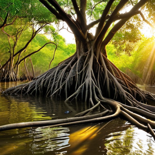 Home 7 **Image Prompt 1: Magical Embrace and Vibrant Life**
A serene and mystical mangrove forest scene at golden hour. Sunbeams filter through intricate, twisting roots reaching into calm, clear water, creating a labyrinth of light and shadow. The water teems with small, colorful fish, while crabs scuttle on the exposed roots and muddy banks. Diverse, colorful birds perch on branches above, reflecting the rich biodiversity and harmonious life within this unique ecosystem. The overall atmosphere is enchanting, tranquil, and full of hidden life.
