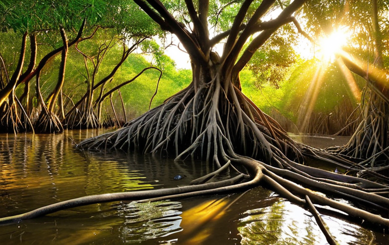 **Image Prompt 1: Magical Embrace and Vibrant Life**
A serene and mystical mangrove forest scene at golden hour. Sunbeams filter through intricate, twisting roots reaching into calm, clear water, creating a labyrinth of light and shadow. The water teems with small, colorful fish, while crabs scuttle on the exposed roots and muddy banks. Diverse, colorful birds perch on branches above, reflecting the rich biodiversity and harmonious life within this unique ecosystem. The overall atmosphere is enchanting, tranquil, and full of hidden life.